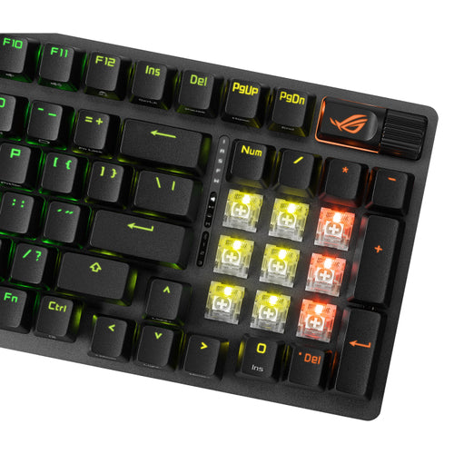 ASUS ROG Strix Scope II 96 Wireless – nærbillede af produktets detaljer; layout på billedet er illustrativt
