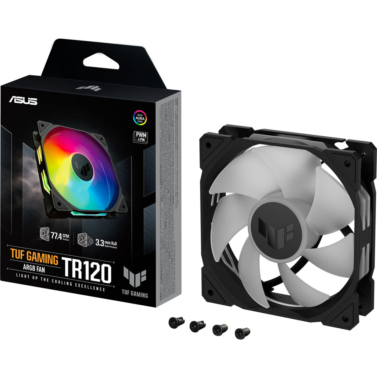 ASUS TUF Gaming TR120 ARGB – Emballage, blæser og skruer