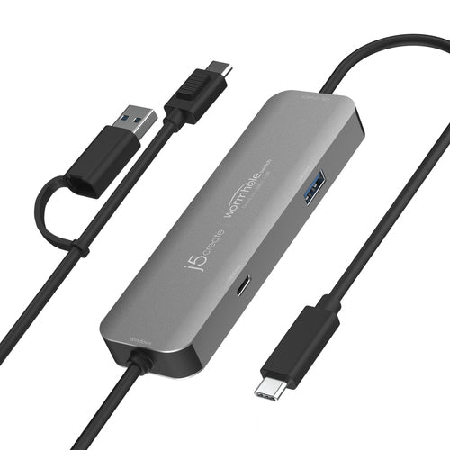 j5create JCH422 – Wormhole CrossLink USB-C-hub – grå hub med forbindelseskabler