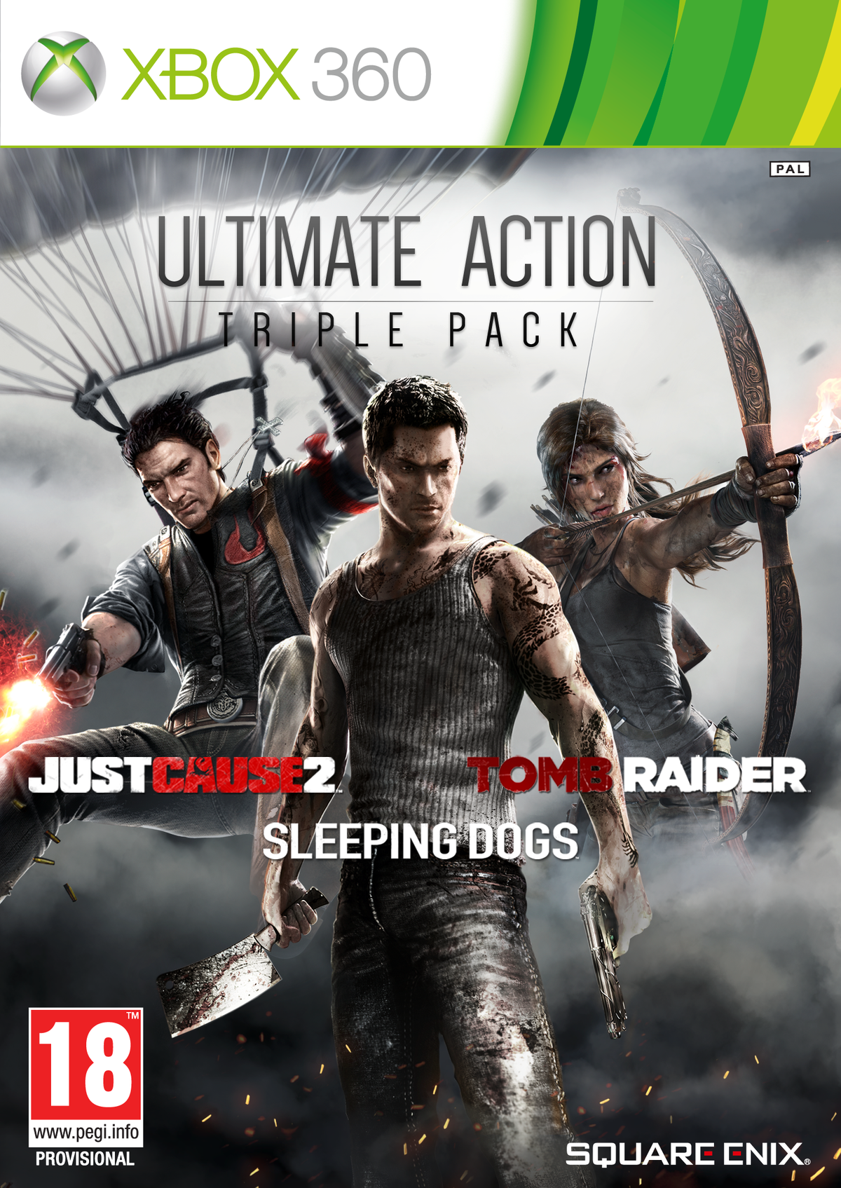 Ultimate Action Triple Pack: Just Cause 2, Sleeping Dogs & Tomb Raider – Xbox 360 – spillets udgave
