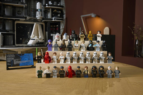 LEGO Star Wars 75419 – Dødsstjernen – samlede karakterfigurer foran rumstationen