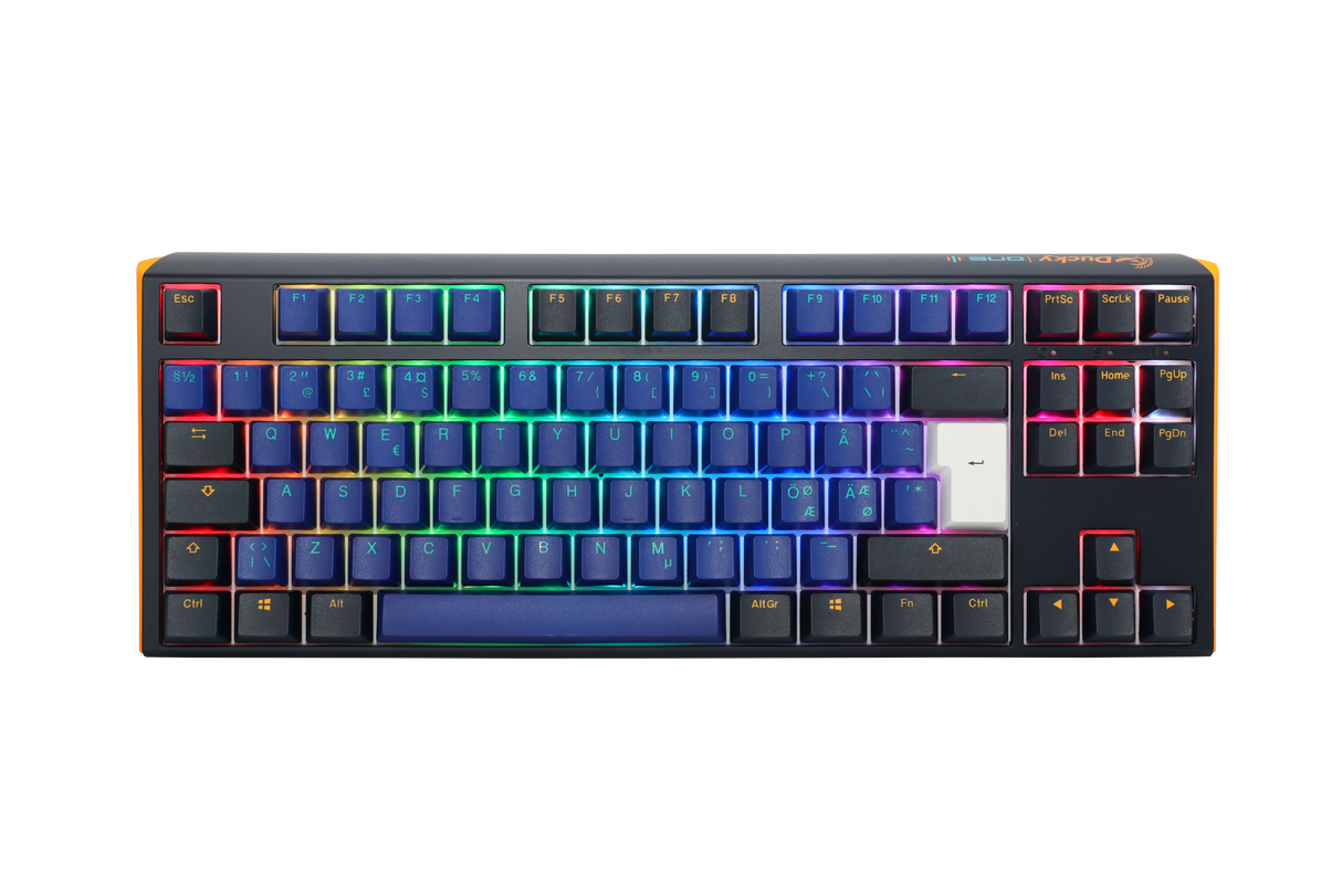 A compact mechanical keyboard with a colorful backlit design featuring rainbow hues across the PBT keycaps, isolated on a white background. The Ducky One 3 - Horizon Nordic - TKL - Cherry Blue.