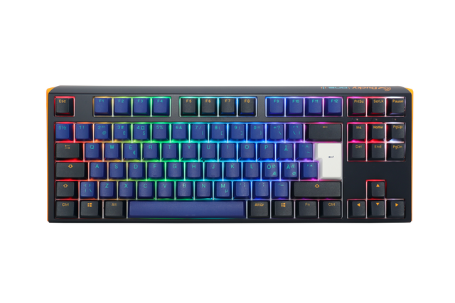 A compact mechanical keyboard with a colorful backlit design featuring rainbow hues across the PBT keycaps, isolated on a white background. The Ducky One 3 - Horizon Nordic - TKL - Cherry Blue.