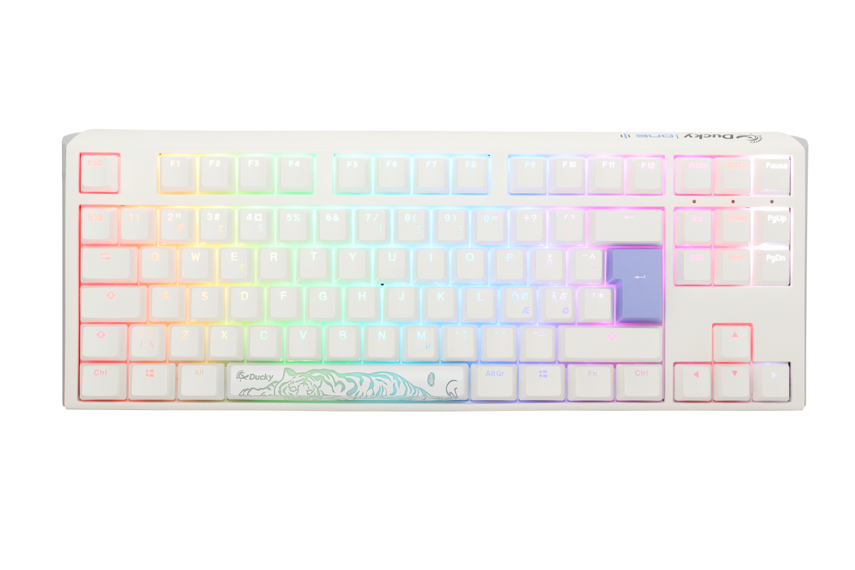 A Ducky white mechanical keyboard with PBT keycaps and pastel-colored, backlit keys featuring RGB lighting. The space bar has an artistic, teal wave design.