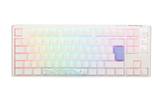 A Ducky white mechanical keyboard with PBT keycaps and pastel-colored, backlit keys featuring RGB lighting. The space bar has an artistic, teal wave design.