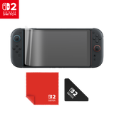 Turtle Beach Screen Protector Kit – Nintendo Switch 2 – 2 stk. – skærmbeskyttelse illustreret på konsol, klud og monteringsværktøj; konsol medfølger ikke