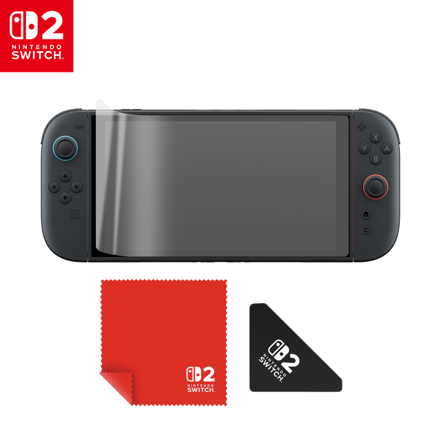 Turtle Beach Screen Protector Kit – Nintendo Switch 2 – 2 stk. – skærmbeskyttelse illustreret på konsol, klud og monteringsværktøj; konsol medfølger ikke