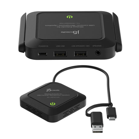 j5create JVW120-N trådløs USB-forlænger – nærbillede af modtagerens USB-porte og sender