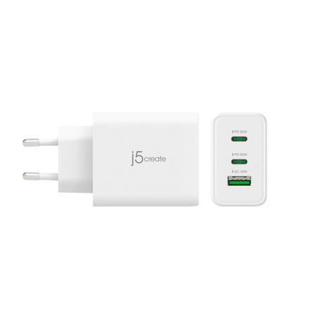 j5create 65 W GaN-oplader – 2×USB-C og USB-A – EU – Side med USB-porte
