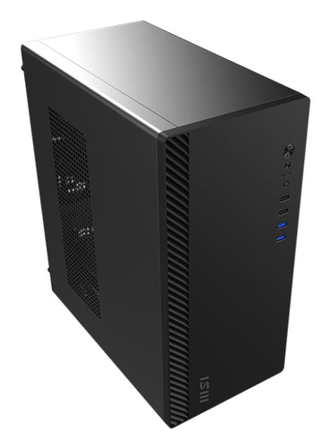 MSI PRO SHIELD M100P – sort PC-kabinet – kabinettets front og side
