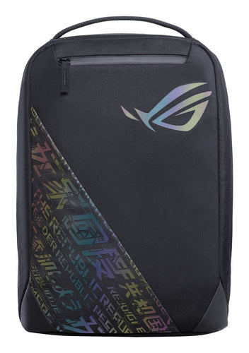 ASUS ROG BP1501G Holographic Edition sort rygsæk forfra med holografisk ROG-logo og diagonalt mønster