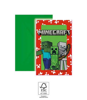 Minecraft Fest Invitation + Kuvert - Grøn FSC Papir - 6 stk Minecraft