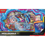 Forsiden af Mega Greninja ex Premium Collection med promokort, stort kort, klistermærke og otte boosterpakker