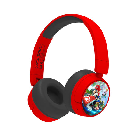 Røde OTL Mario Kart-børnehøretelefoner – set skråt med sorte ørepuder