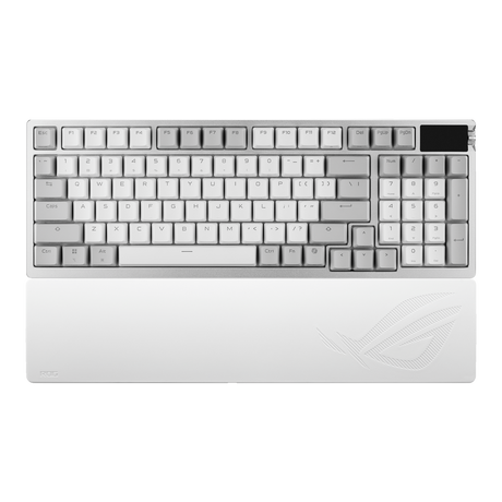 Hvidt ASUS ROG Azoth 96 HE med håndledsstøtte – producentbillede med internationalt layout