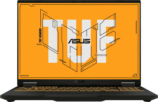 ASUS TUF Gaming A16 FA608UM, åben set forfra med orange skærmmotiv
