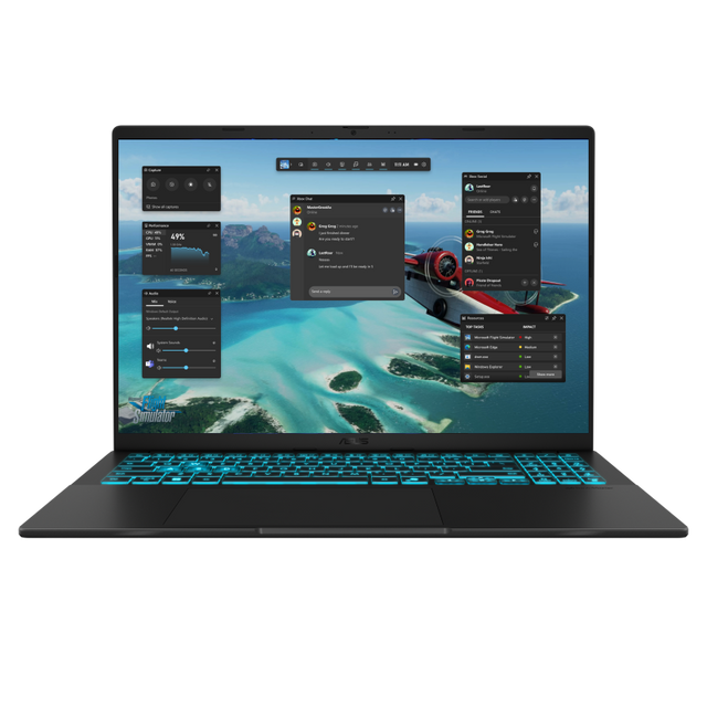 ASUS V16 V3607VP-TK084W – Core 7, RTX 5070 – 16 GB / 1 TB – US-tastatur – bærbar forfra med skærm, producentillustration