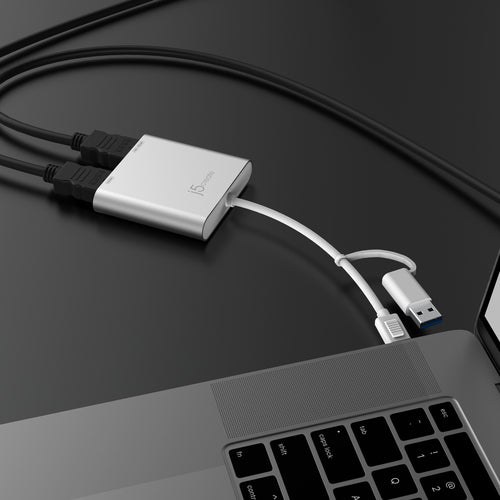 j5create JCA365 – USB-C til 2×HDMI-skærmadapter – adapter tilsluttet bærbar PC; producentillustration