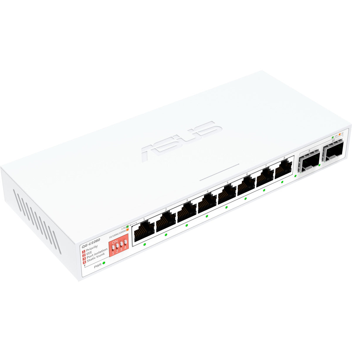 ASUS QG-U1080 hvid netværksswitch med otte RJ45-porte og to SFP+-porte