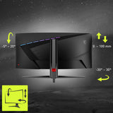 MSI MAG 345CQRDE – 34″ ultrawide-gamingskærm, 180 Hz – højde og vinkler illustreret