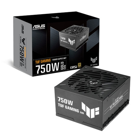 ASUS TUF Gaming 750W Gold EVO – produkt og emballage med 750W Gold EVO-mærkning