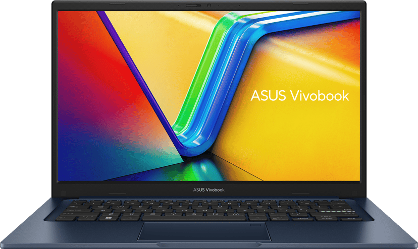 ASUS Vivobook 14 F1404VA-EB055W i Quiet Blue, set forfra med åben skærm. Tastaturillustrationen kan afvige fra det nordiske leveringslayout.