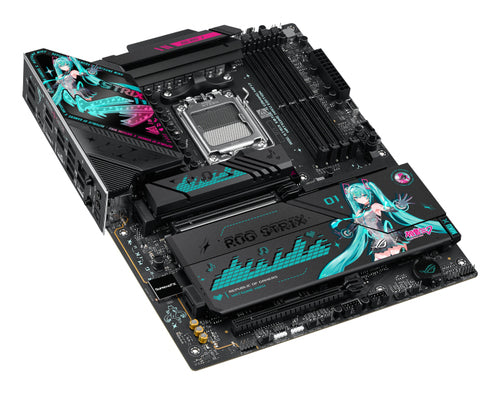 ASUS ROG STRIX X870E-H GAMING WIFI7 Hatsune Miku Edition – AM5 bundkort – skråt ovenfra