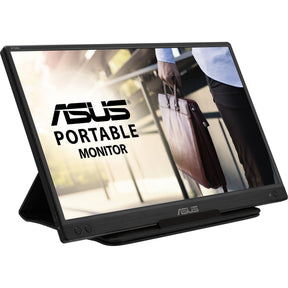 ASUS ZenScreen MB166C – skråt forfra med foldet hylster som støtte