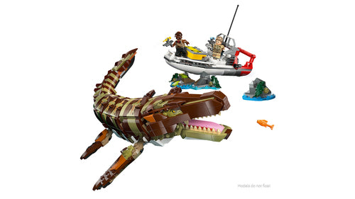 LEGO Jurassic World 76974 – Bådmission: Klodsbygget mosasaur – mosasaur og båd på klodsbyggede rev