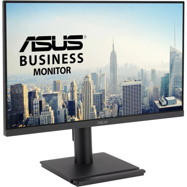 Sort ASUS VA249QGSE – 23,8-tommers skærm med justerbar fod, set skråt forfra