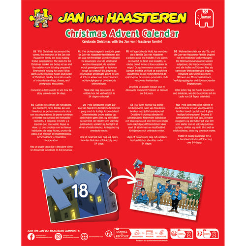 Jan van Haasteren julekalender 2026 – 24 × 54 brikker – emballagens bagside