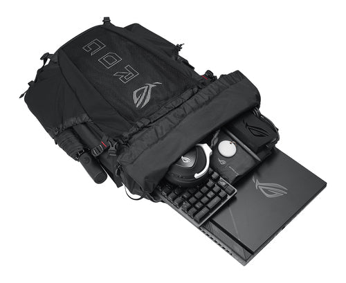 ASUS ROG Archer ErgoAir BP3800 – åben rygsæk med computer og gamingudstyr som pakkeeksempel