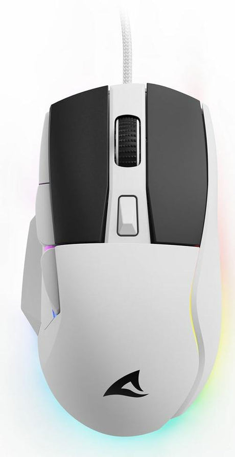 Hvid Sharkoon SKILLER SGM35 gamingmus med sorte PBT-knapper og RGB-lys