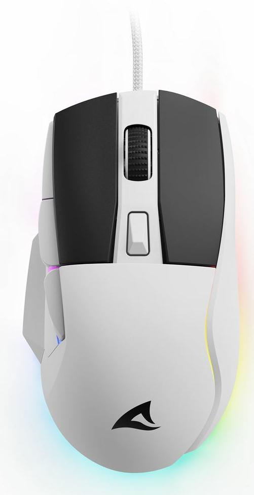 Hvid Sharkoon SKILLER SGM35 gamingmus med sorte PBT-knapper og RGB-lys
