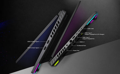 ASUS ROG Strix G16 G614PR-RV003W – detalje af tilslutninger; tastaturlayout illustrativt