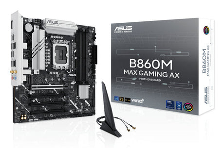 ASUS B860M MAX GAMING AX – bundkort, antenne og emballage