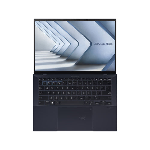 ASUS ExpertBook B9 OLED B9403CVAR-PP1735X – taster og arbejdsflade set ovenfra (vinkel 2); tastaturlayout illustrativt