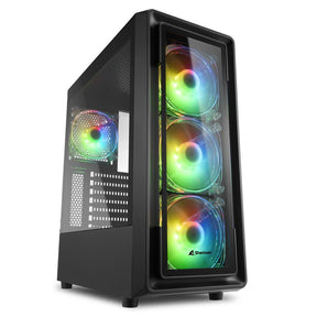 Sort Sharkoon TK4 RGB med glasfront og fire belyste blæsere