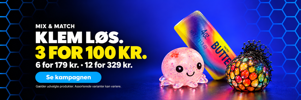Klem løs. Mix udvalgte Squeeze-produkter: 3 for 100 kr., 6 for 179 kr. og 12 for 329 kr.