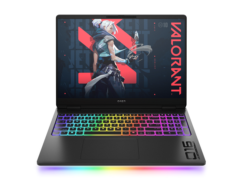 HP OMEN MAX 16-ak0097ng – sort bærbar gamingcomputer med åben skærm og RGB-belysning