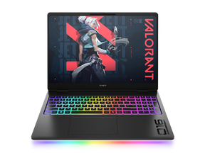 HP OMEN MAX 16-ak0097ng – sort bærbar gamingcomputer med åben skærm og RGB-belysning