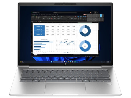 HP ProBook 4 G1iR 14 i sølv med åben skærm; tastaturlayout er illustrativt