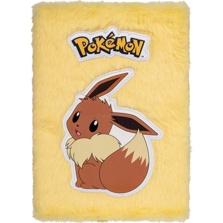 Pokémon notesbog med gult plysomslag og Eevee-motiv