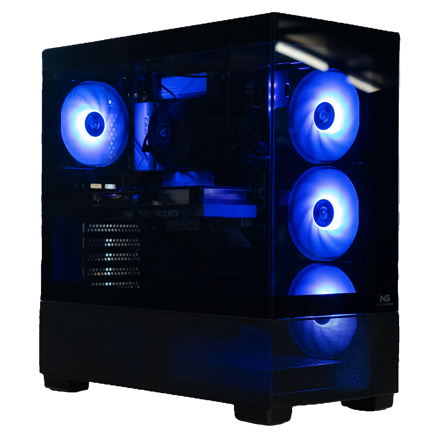 sort gaming computer med blåt led lys