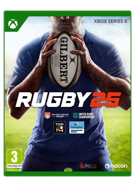 Rugby 25 til Xbox – spillets forside med rugbyspiller og bold