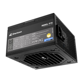 Sharkoon Rebel P15 850W strømforsyning – sort, produktets mærkeplade og blæser