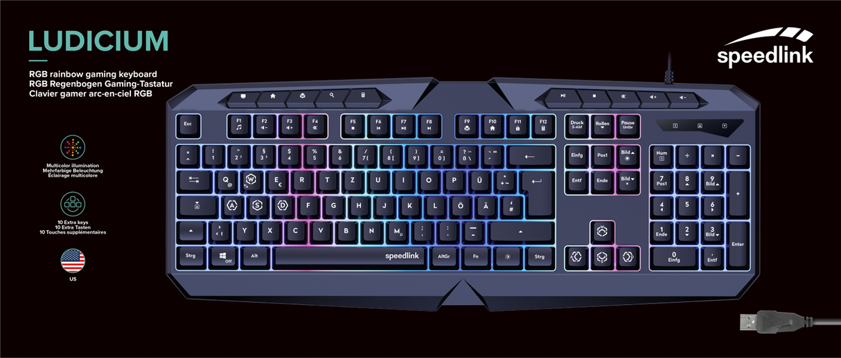 Speedlink - LUDICIUM RGB Rainbow Gaming Tastatur, sort - US Layout