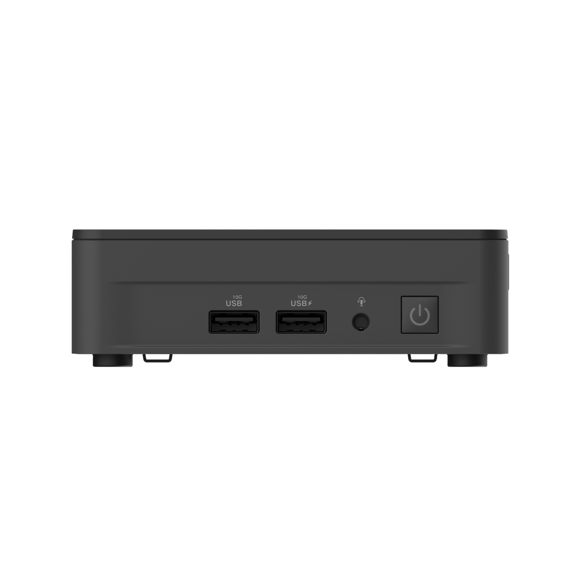 ASUS NUC 13 Pro Slim i sort set forfra med to USB-A-porte og headsetstik