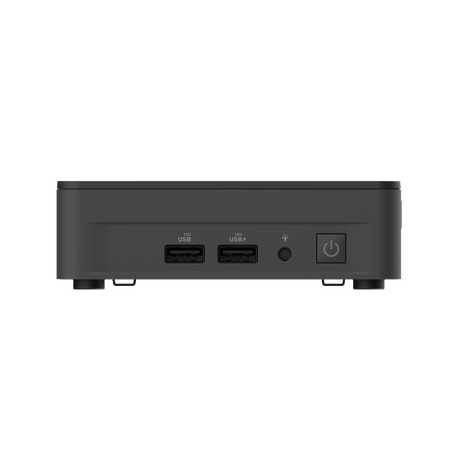 ASUS NUC 13 Pro Slim i sort set forfra med to USB-A-porte og headsetstik