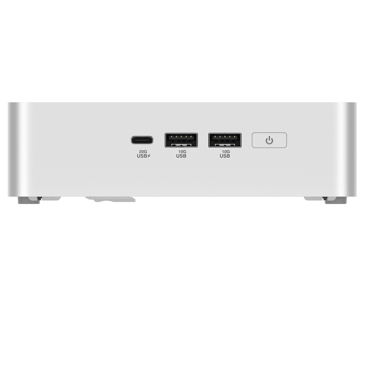 ASUS NUC 15 Pro+ sølvfarvet mini-PC med porte på forsiden